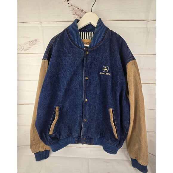 VTG Turning Point Denim 2-Tone Bomber Jacket 90' Embroidered John Deere Sz XL - Picture 1 of 10